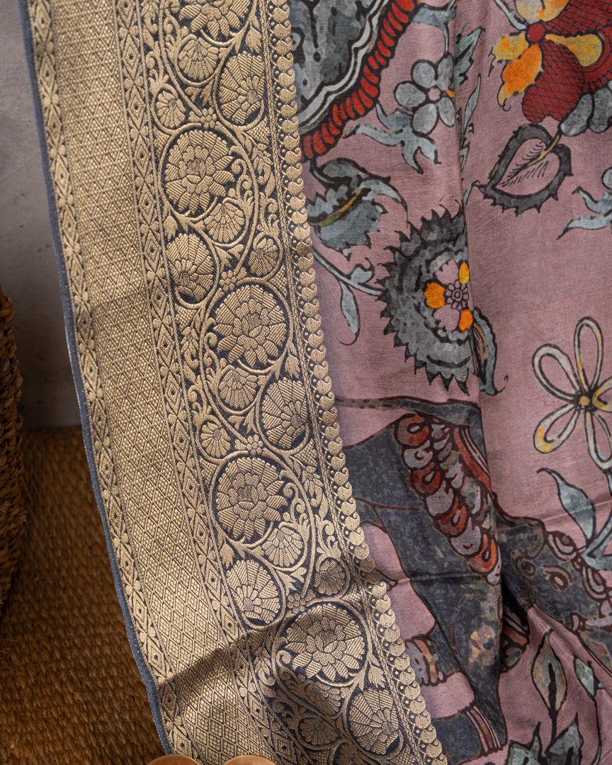 Lilac Pure Banarasi Dola Silk Saree with Kalamkari Prints and Charcoal Grey Banarasi Borders with Charcoal Grey  Banarasi Brocade Blouse