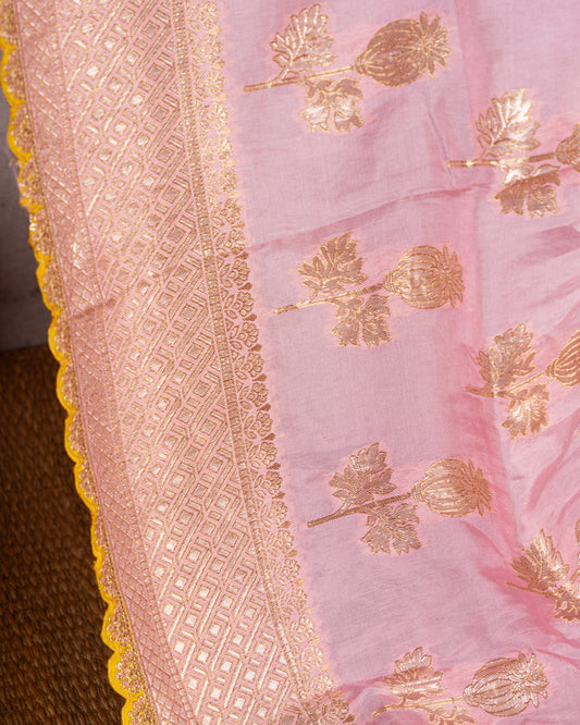 Pure Banarasi Dola Pink Sareewith Mustard Cutwork Borders and Mustard Machine Embroidered Blouse