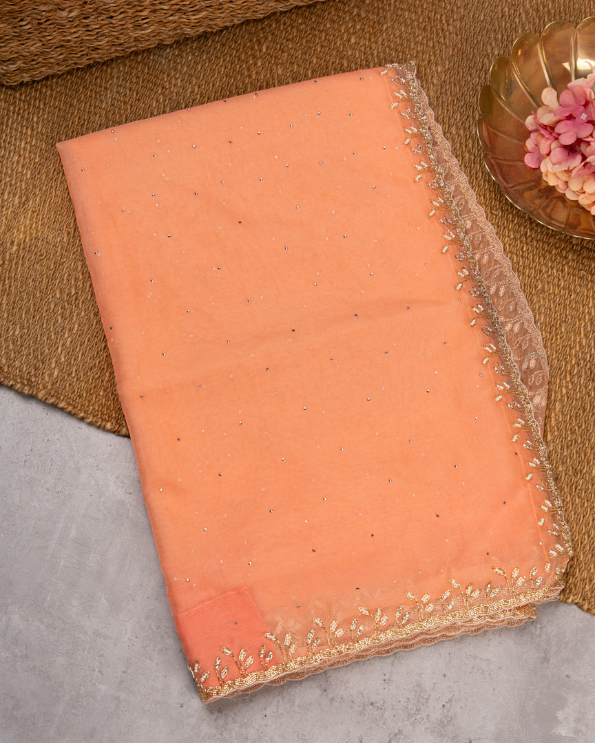 Pastel Peach Partywear Pure Orgaza Silk saree with Cutdana and Pearl Hand Embroidered Borders with Intricate Handwork Blouse