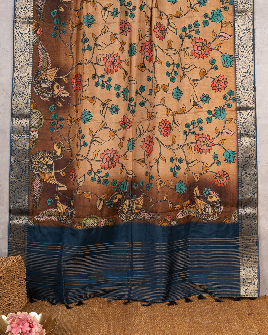 Peach Pure Banarasi Dola Silk Saree with Kalamkari Prints and  Blue Banarasi Borders with Blue Banarasi Brocade Blouse