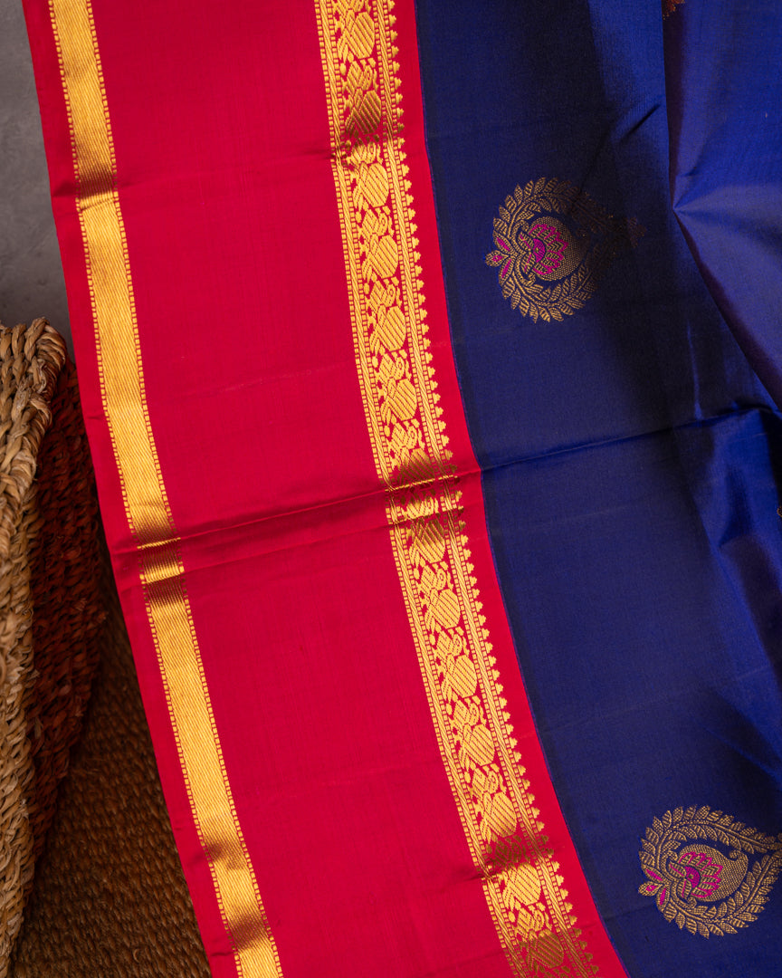Fusion : Premium Kanchipuram Silk Saree in Ink Blue Color with Fuscia Double Retta Petta Borders and Menakari Woven Banarasi Motifs and Hand Embroidered Blouse