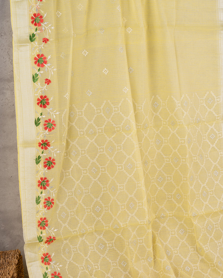 Pastel Yellow Kota Cotton Saree with machine Embroidery over the borders & Trendy Banarasi Blouse
