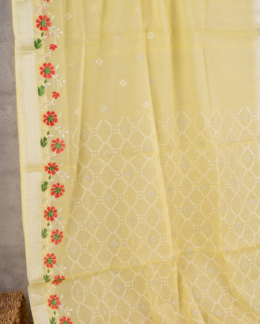 Pastel Yellow Kota Cotton Saree with machine Embroidery over the borders & Trendy Banarasi Blouse
