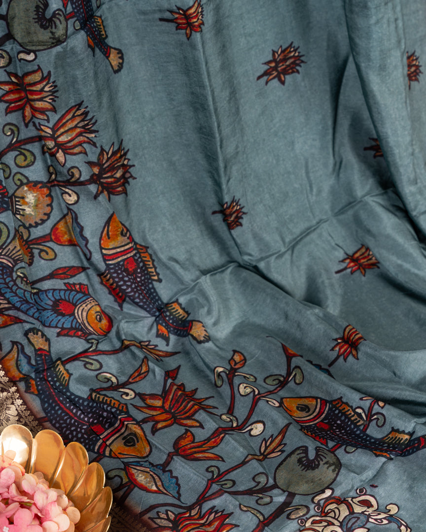 Grey Pure Banarasi Dola Silk Saree with Kalamkari Prints and Brown Banarasi Borders with Coffee Brown Banarasi Brocade Blouse