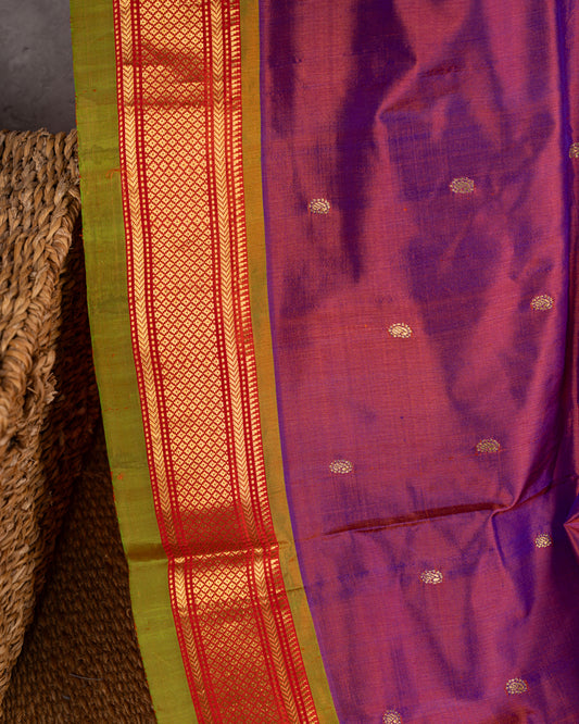 Pure Paithani Nauvari Purple Silk Saree with Peacocks and Lotus Pallu and Beautifully designed Hand embroidered Blouse in Red