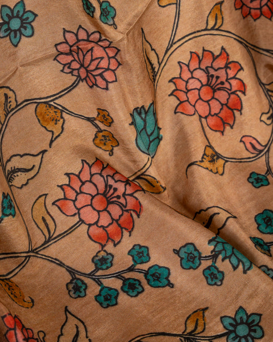 Peach Pure Banarasi Dola Silk Saree with Kalamkari Prints and  Blue Banarasi Borders with Blue Banarasi Brocade Blouse