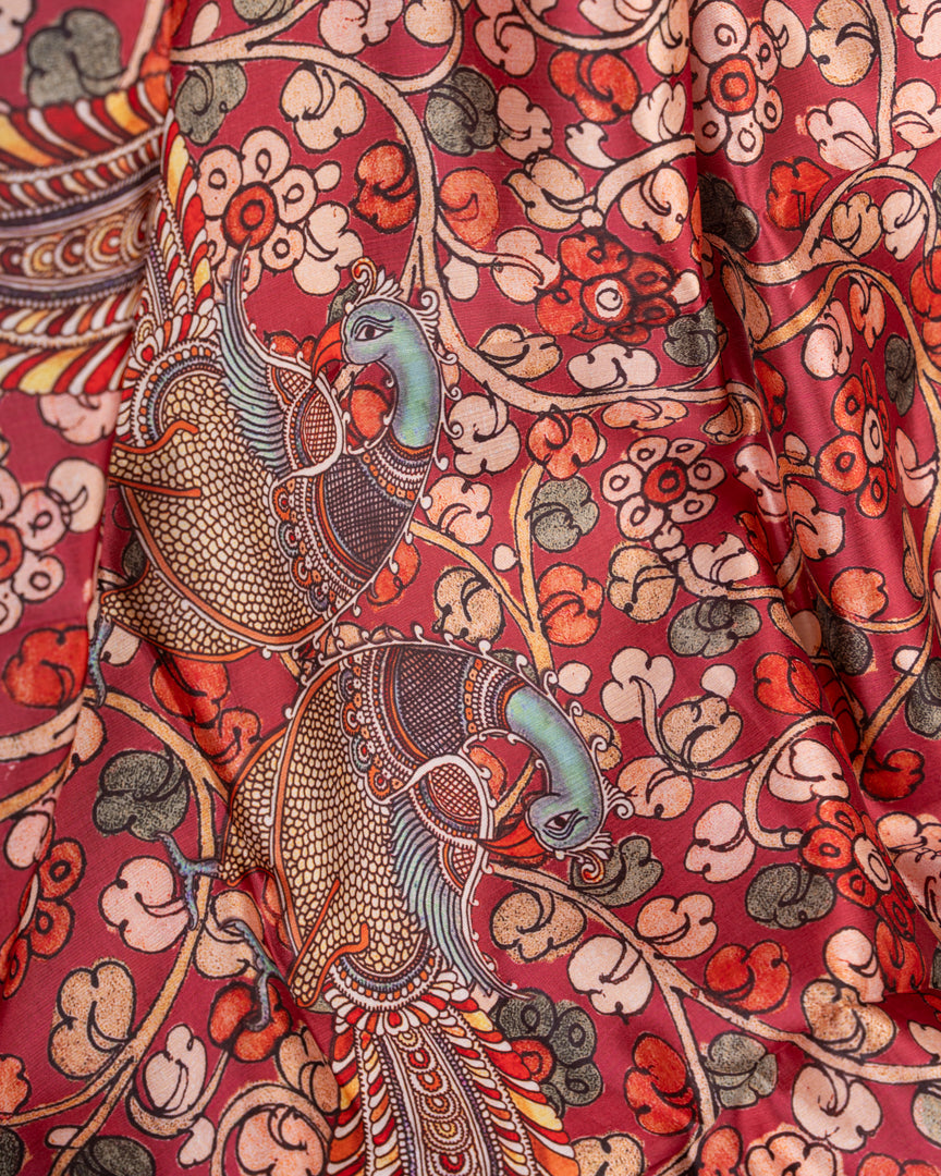 Kalamakari Prints on Maroon Dola Saree with Aqua Blue Kanchipuram Inspired Borders & Aqua Blue Kalamkari Printed Blouse