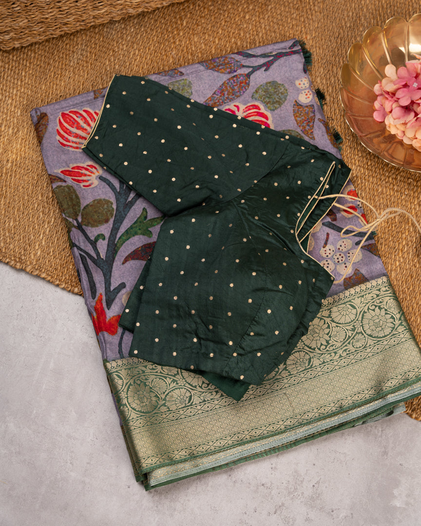 Grey Pure Banarasi Dola Silk Saree with Kalamkari Prints and  Green Banarasi Borders with Green Banarasi Brocade Blouse