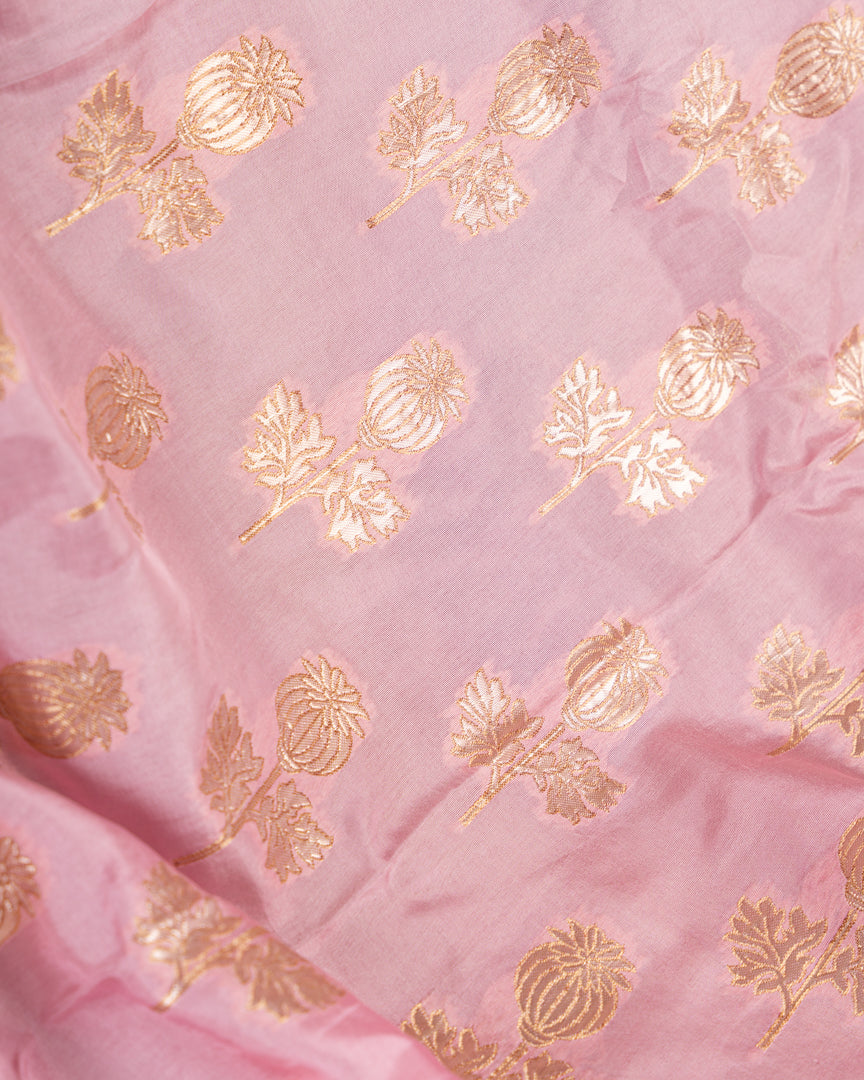 Pure Banarasi Dola Pink Sareewith Mustard Cutwork Borders and Mustard Machine Embroidered Blouse