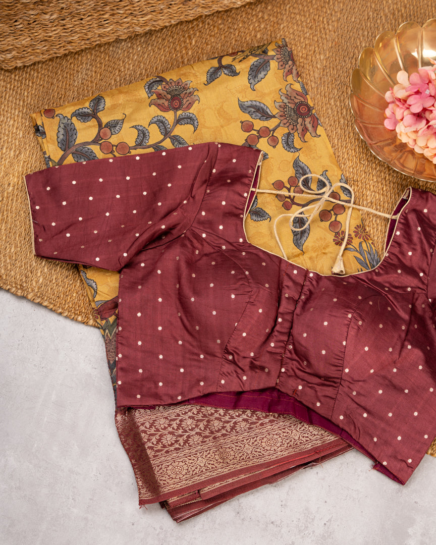Mustard Pure Banarasi Dola Silk Saree with Kalamkari Prints and Maroon Banarasi Borders with Maroon Banarasi Brocade Blouse
