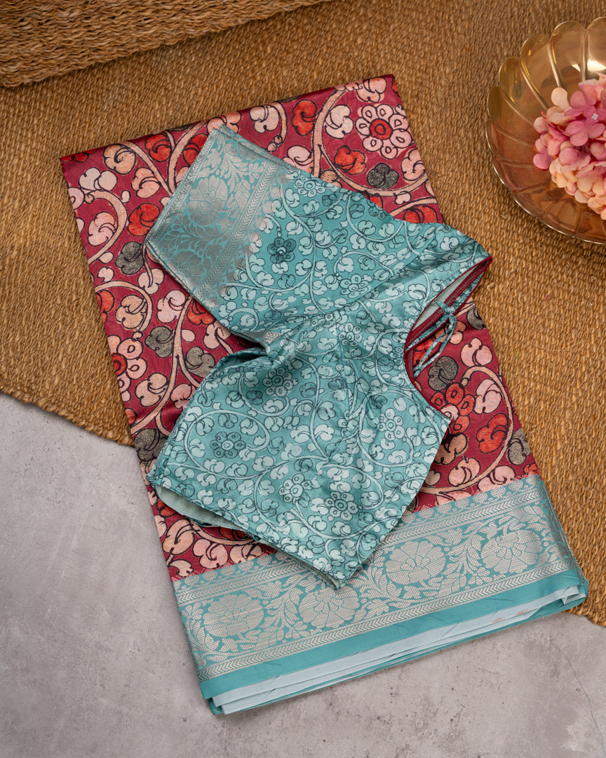 Kalamakari Prints on Maroon Dola Saree with Aqua Blue Kanchipuram Inspired Borders & Aqua Blue Kalamkari Printed Blouse
