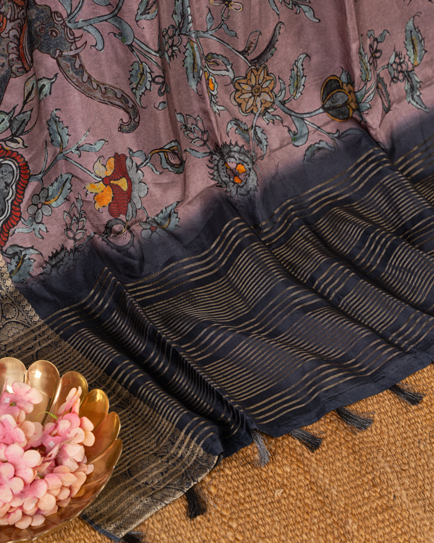 Lilac Pure Banarasi Dola Silk Saree with Kalamkari Prints and Charcoal Grey Banarasi Borders with Charcoal Grey  Banarasi Brocade Blouse