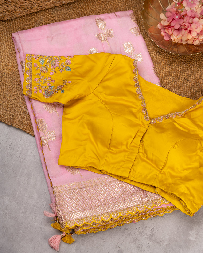 Pure Banarasi Dola Pink Sareewith Mustard Cutwork Borders and Mustard Machine Embroidered Blouse