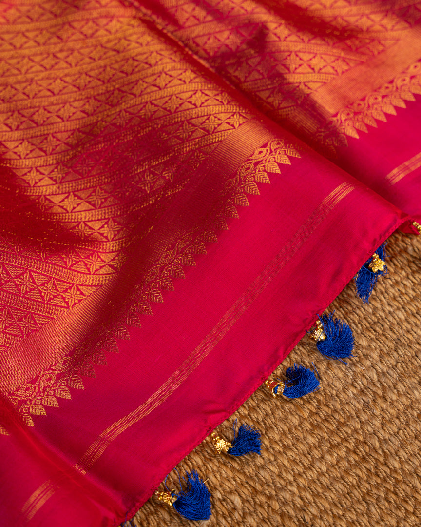 Fusion : Premium Kanchipuram Silk Saree in Ink Blue Color with Fuscia Double Retta Petta Borders and Menakari Woven Banarasi Motifs and Hand Embroidered Blouse