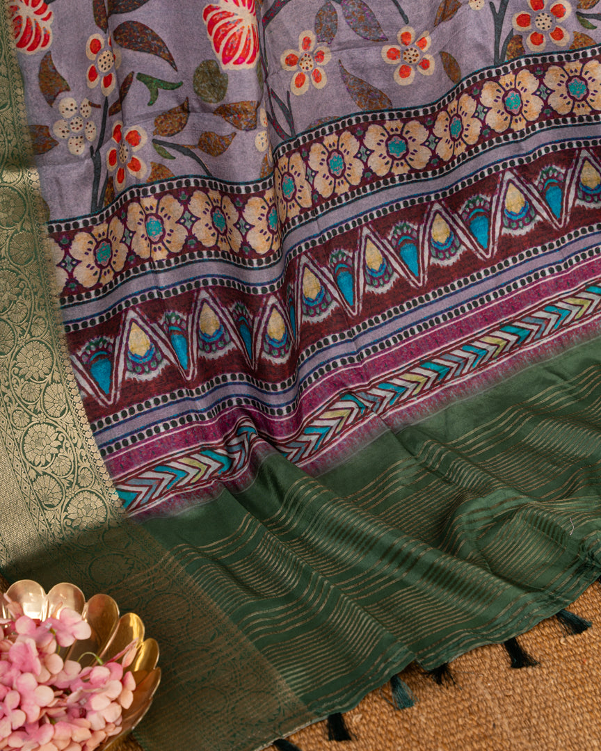 Grey Pure Banarasi Dola Silk Saree with Kalamkari Prints and  Green Banarasi Borders with Green Banarasi Brocade Blouse