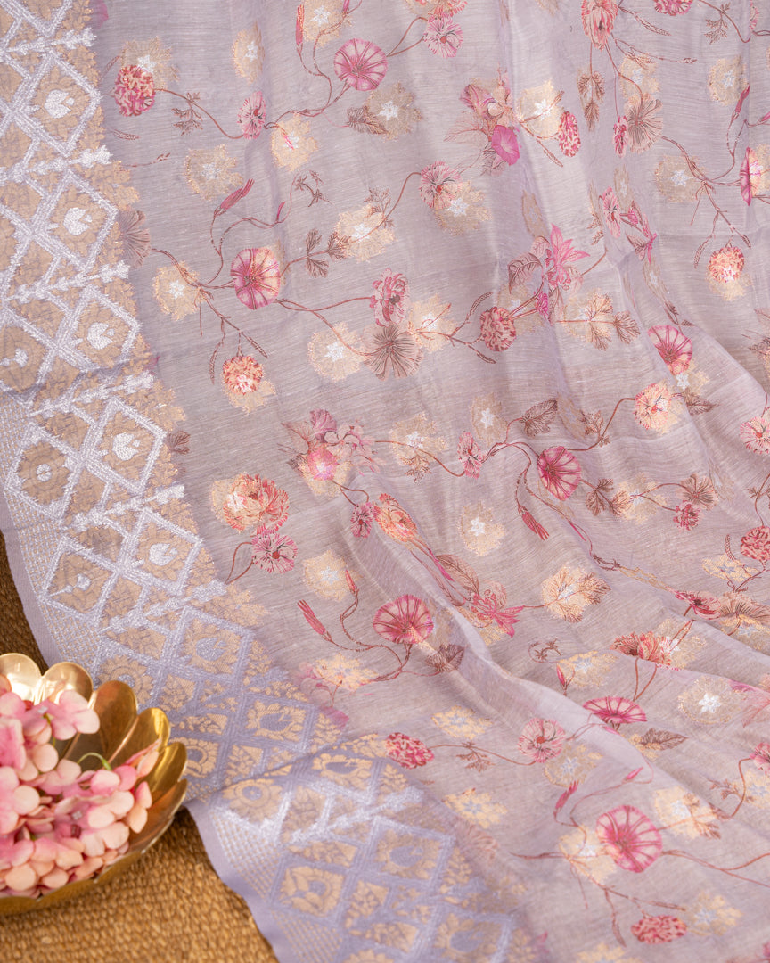 Pastel Grey Chanderi Floral Printed Saree with Pattern Blouse