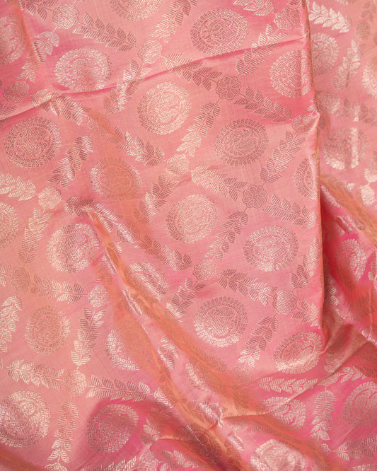 Pastel Peach Kanchipuram Silk Saree with all over Jangla Weaving and Silver borders & Elegant Hand work Purple Blouse