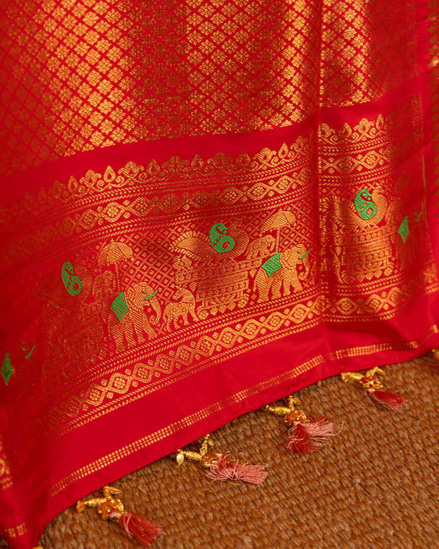 Pastel Peach Gadwal Brocade Silk saree with Red Kanchipuram Inspired Borders & Red Cutdana Handwork Blouse