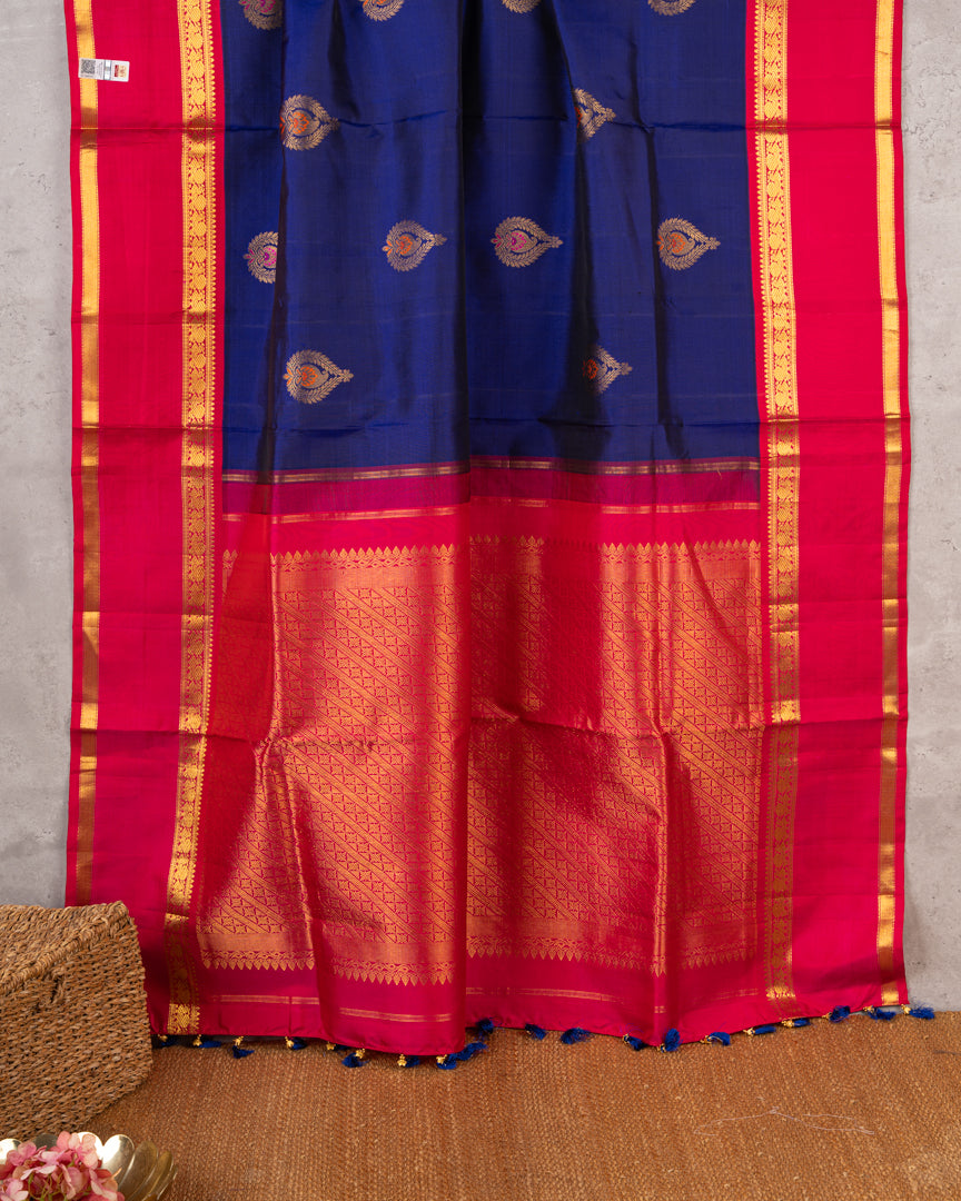 Fusion : Premium Kanchipuram Silk Saree in Ink Blue Color with Fuscia Double Retta Petta Borders and Menakari Woven Banarasi Motifs and Hand Embroidered Blouse