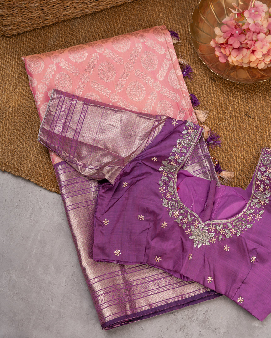 Pastel Peach Kanchipuram Silk Saree with all over Jangla Weaving and Silver borders & Elegant Hand work Purple Blouse