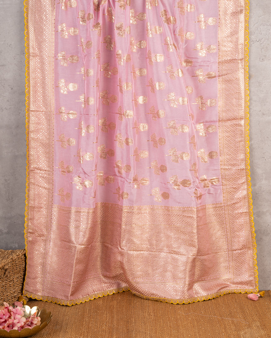 Pure Banarasi Dola Pink Sareewith Mustard Cutwork Borders and Mustard Machine Embroidered Blouse