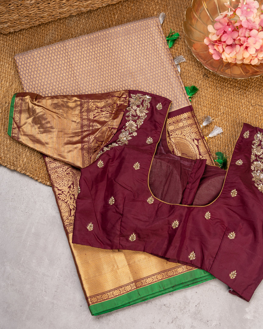 Weavers Excellence : Designer Gadwal Brocade Silk Saree with all over Rain Drop Butties in Biscuit Shade & Contrast Marron Color Borders & Handwork Blouse