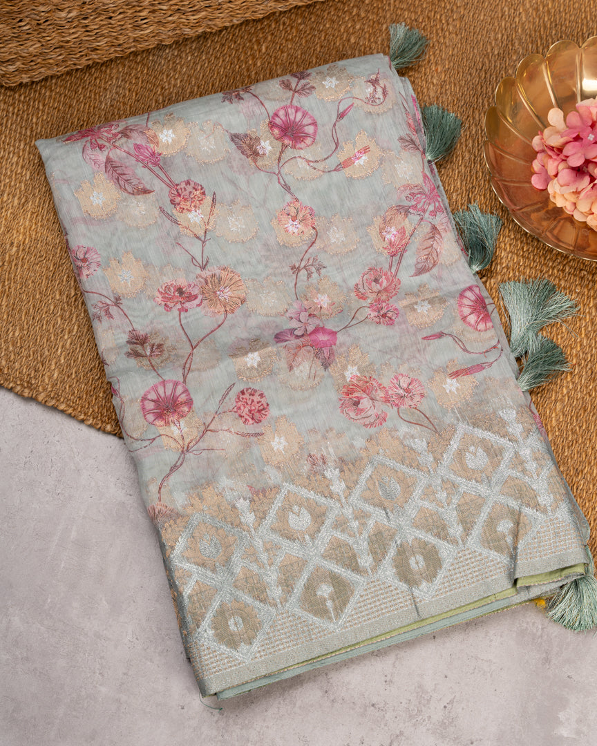 Greenish Grey Chanderi Floral Printed Saree with Pattern Blouse