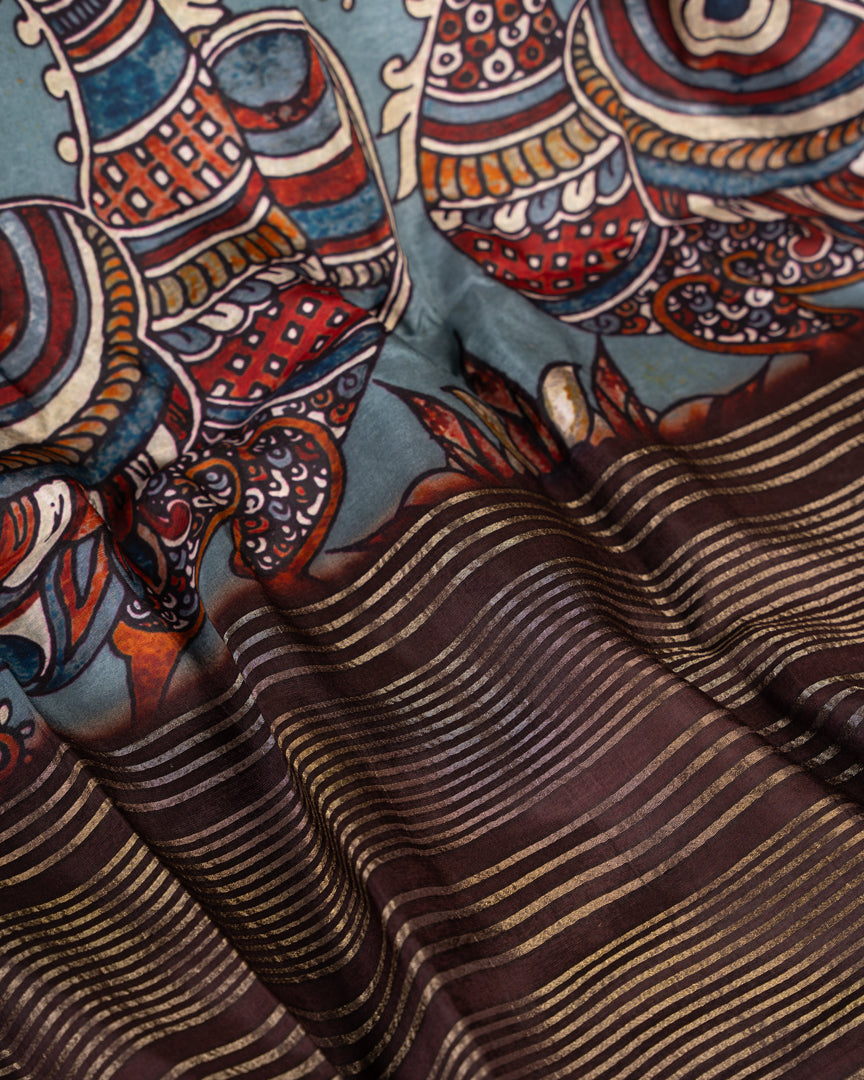 Grey Pure Banarasi Dola Silk Saree with Kalamkari Prints and Brown Banarasi Borders with Coffee Brown Banarasi Brocade Blouse