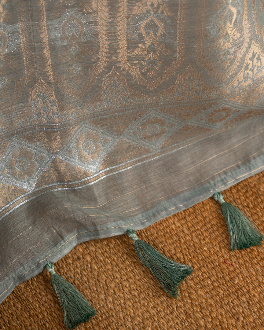Greenish Grey Chanderi Floral Printed Saree with Pattern Blouse
