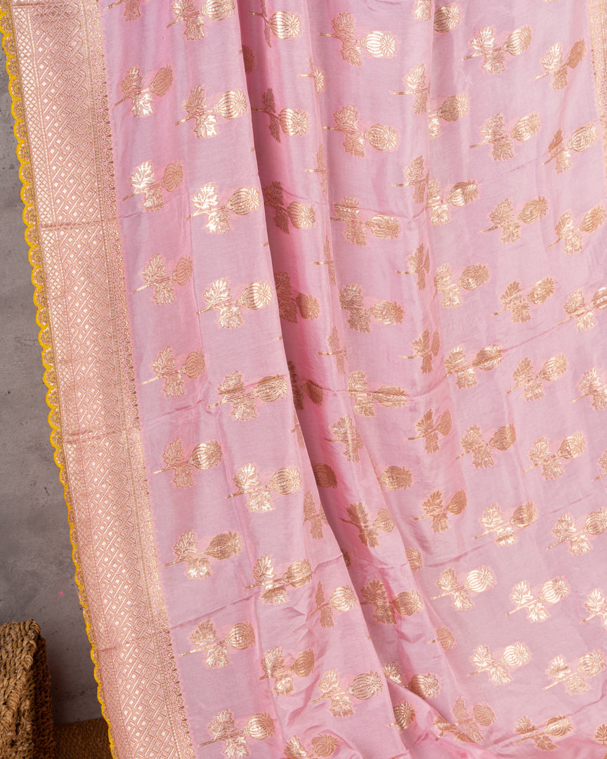 Pure Banarasi Dola Pink Sareewith Mustard Cutwork Borders and Mustard Machine Embroidered Blouse