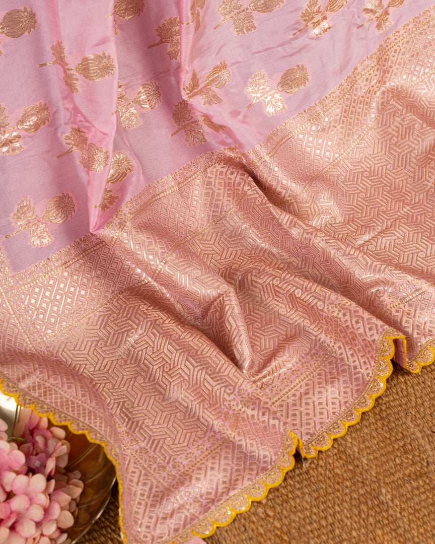 Pure Banarasi Dola Pink Sareewith Mustard Cutwork Borders and Mustard Machine Embroidered Blouse