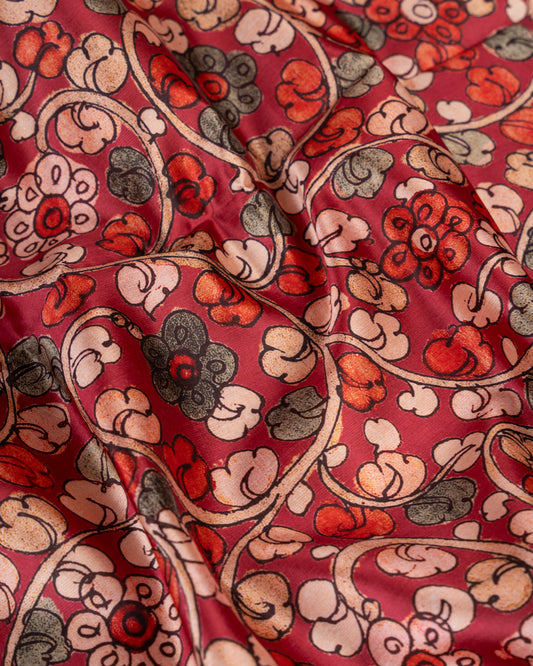 Kalamakari Prints on Maroon Dola Saree with Aqua Blue Kanchipuram Inspired Borders & Aqua Blue Kalamkari Printed Blouse