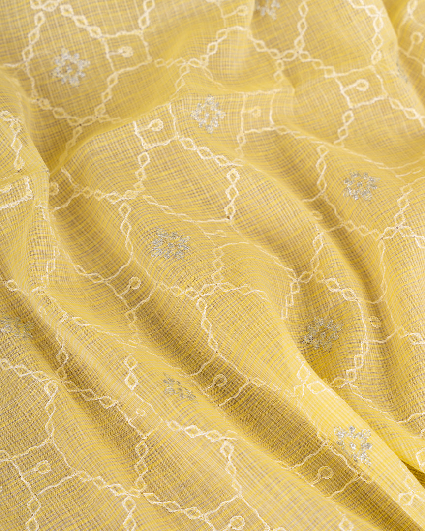 Pastel Yellow Kota Cotton Saree with machine Embroidery over the borders & Trendy Banarasi Blouse