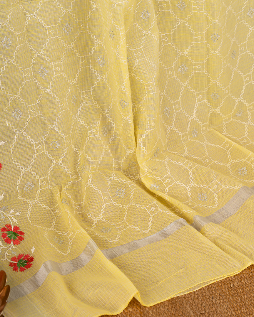 Pastel Yellow Kota Cotton Saree with machine Embroidery over the borders & Trendy Banarasi Blouse