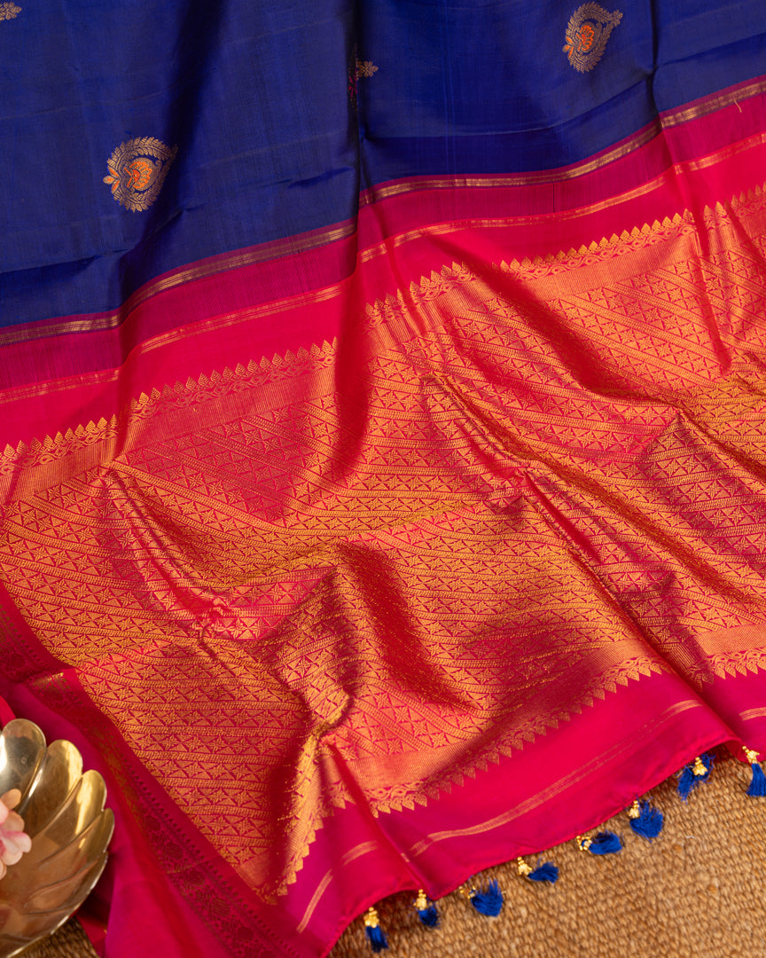 Fusion : Premium Kanchipuram Silk Saree in Ink Blue Color with Fuscia Double Retta Petta Borders and Menakari Woven Banarasi Motifs and Hand Embroidered Blouse