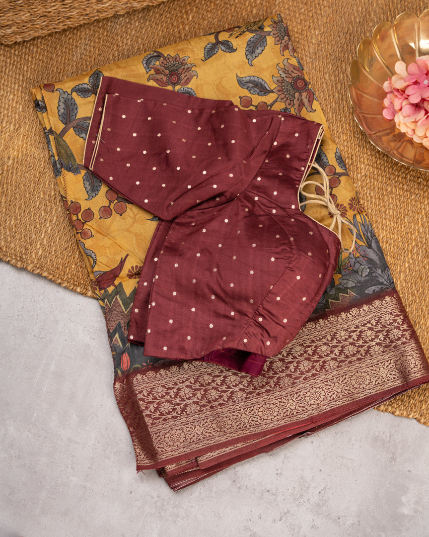 Mustard Pure Banarasi Dola Silk Saree with Kalamkari Prints and Maroon Banarasi Borders with Maroon Banarasi Brocade Blouse
