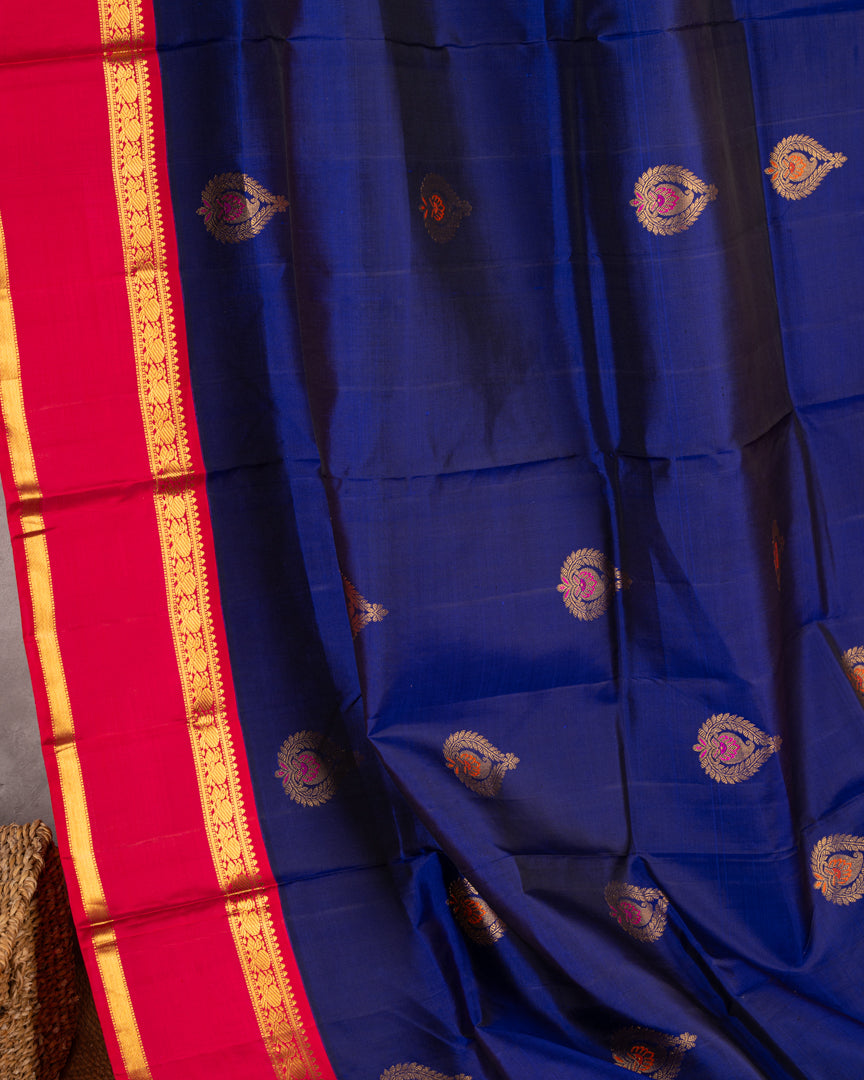 Fusion : Premium Kanchipuram Silk Saree in Ink Blue Color with Fuscia Double Retta Petta Borders and Menakari Woven Banarasi Motifs and Hand Embroidered Blouse