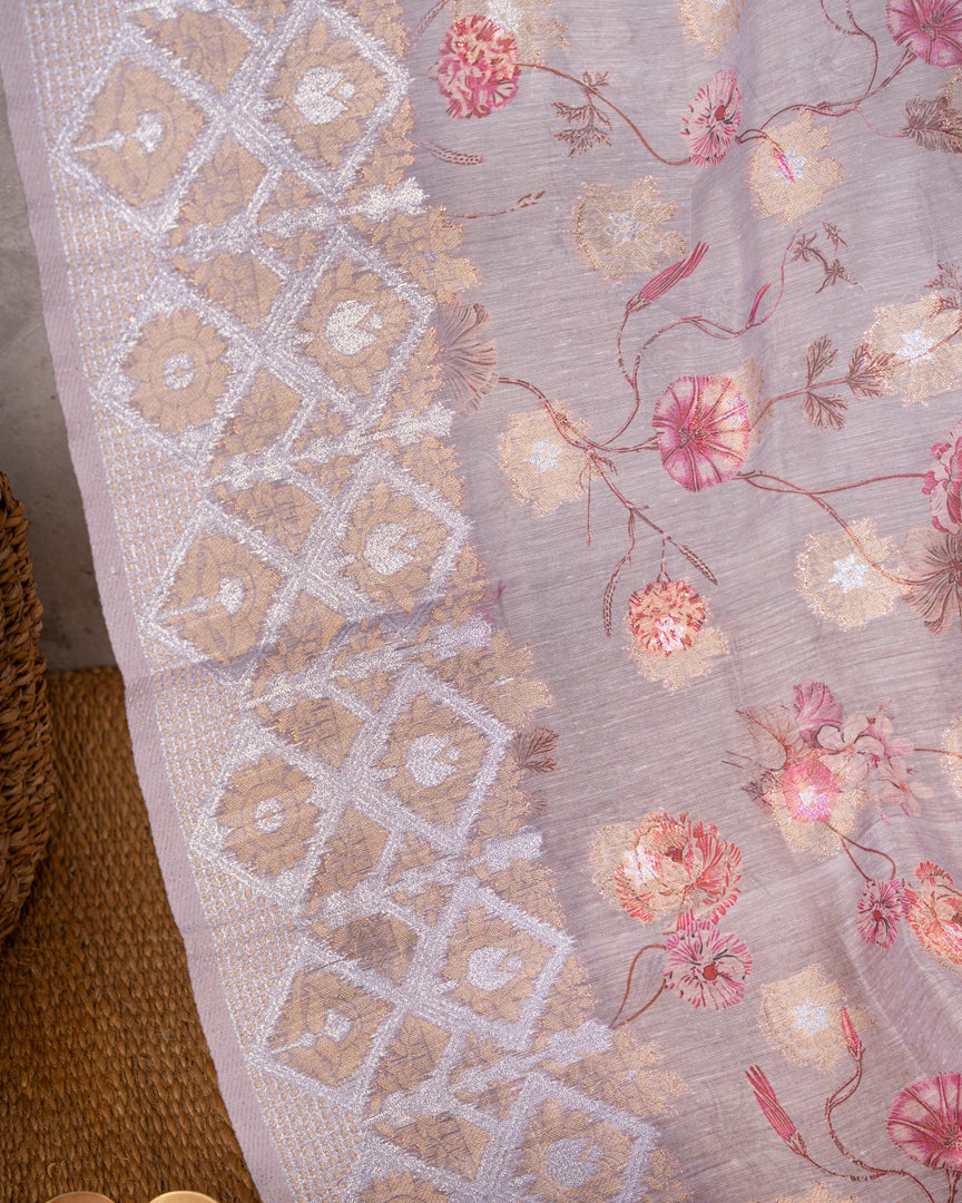 Pastel Grey Chanderi Floral Printed Saree with Pattern Blouse