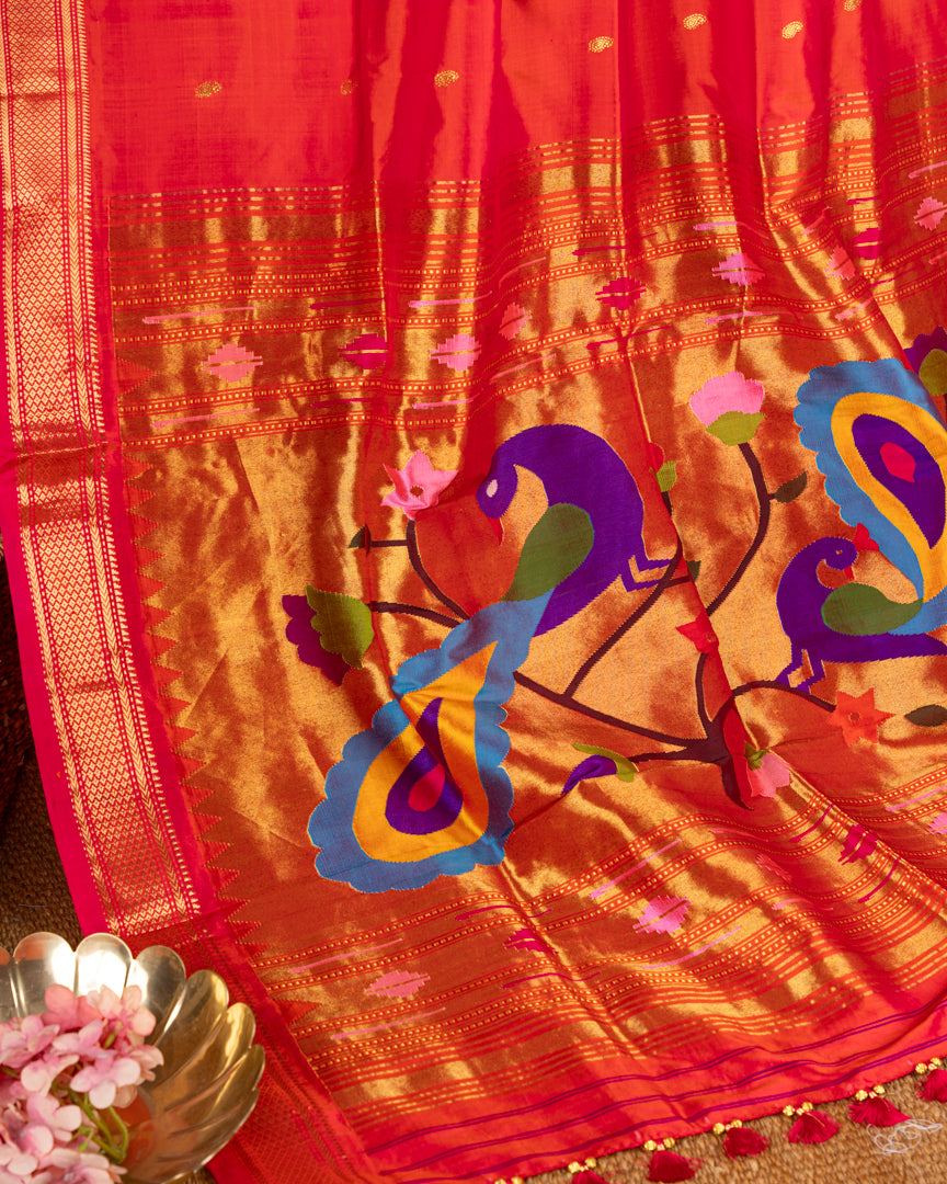 Pure Paithani Nauvari Red & Pink Dual tone Silk Saree with Peacocks and Lotus Fancy Pallu and Beautifully designed Hand embroidered Blouse in Blue