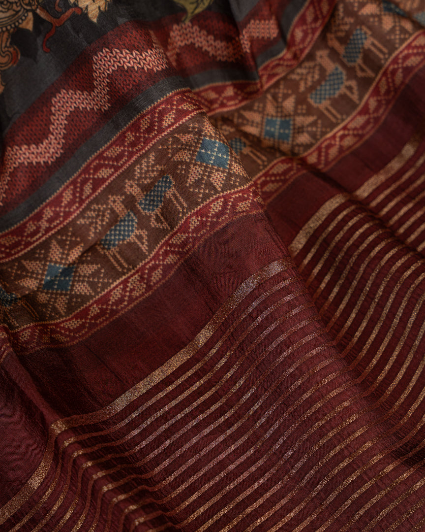 Mustard Pure Banarasi Dola Silk Saree with Kalamkari Prints and Maroon Banarasi Borders with Maroon Banarasi Brocade Blouse
