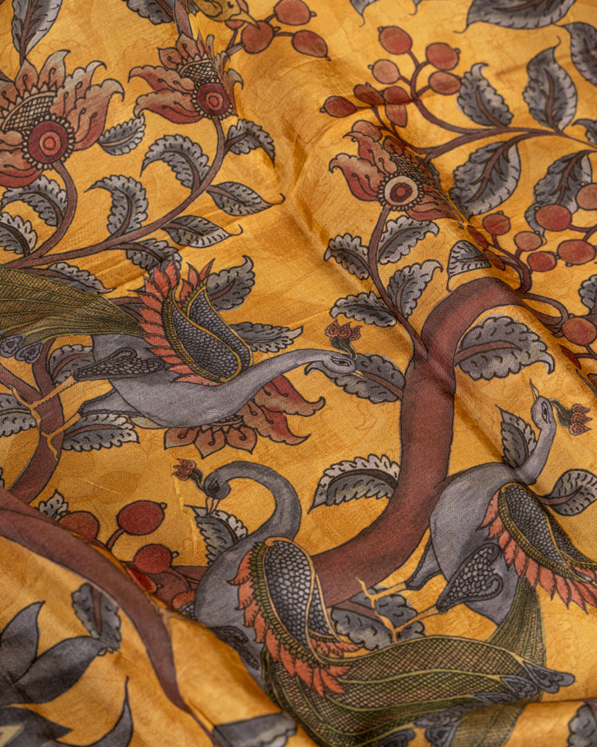 Mustard Pure Banarasi Dola Silk Saree with Kalamkari Prints and Maroon Banarasi Borders with Maroon Banarasi Brocade Blouse