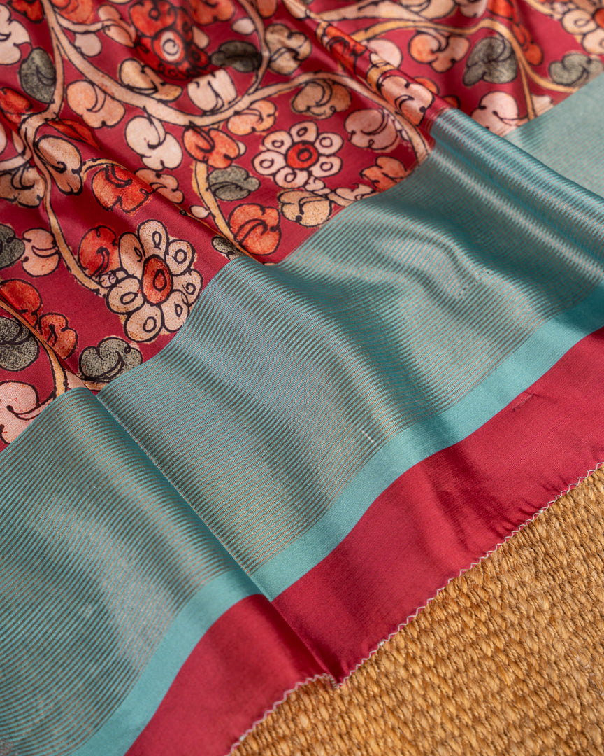 Kalamakari Prints on Maroon Dola Saree with Aqua Blue Kanchipuram Inspired Borders & Aqua Blue Kalamkari Printed Blouse