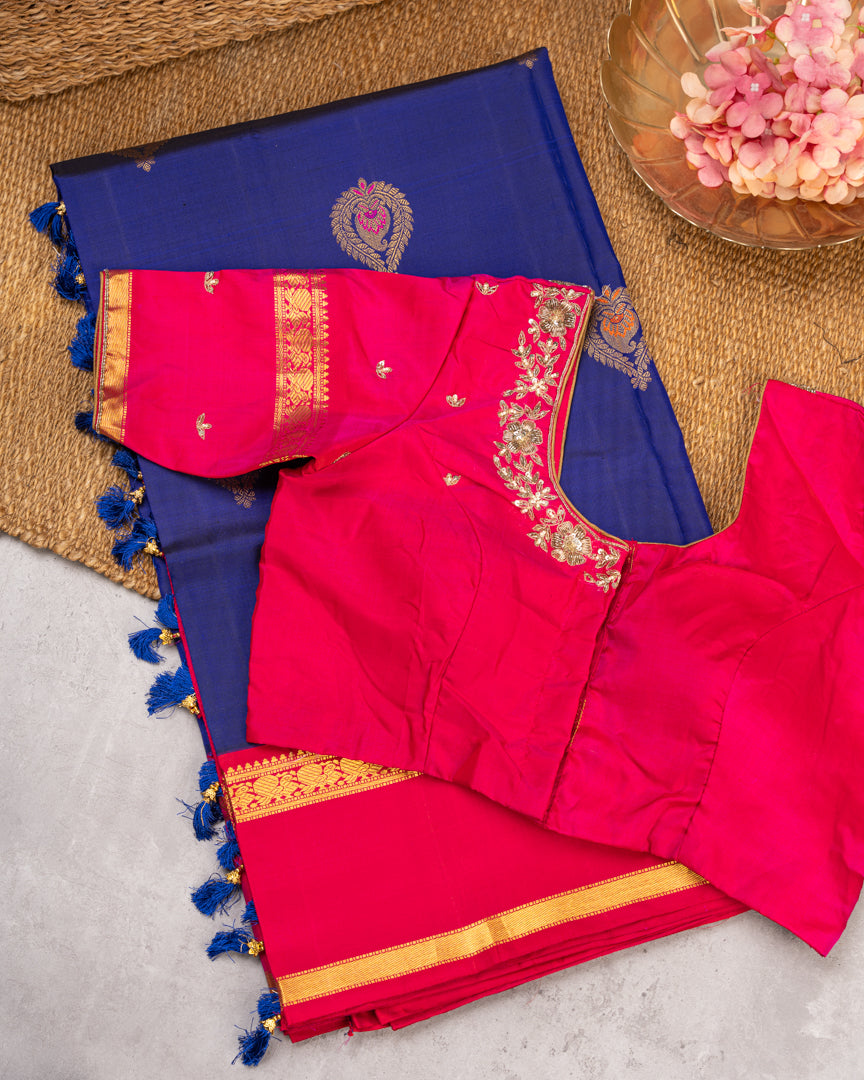 Fusion : Premium Kanchipuram Silk Saree in Ink Blue Color with Fuscia Double Retta Petta Borders and Menakari Woven Banarasi Motifs and Hand Embroidered Blouse