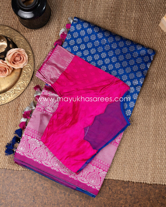 Blue and Pink Banarasi Silk Saree with Stitched Blouse