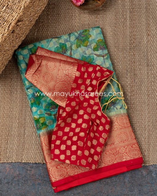 Floral Fusion: Green And Red Banarasi Kora Saree With Stitched Custom Blouse