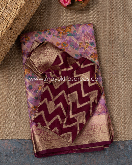 Floral Bliss: Banarasi Kora Barasi Kora Pink And Purple Saree