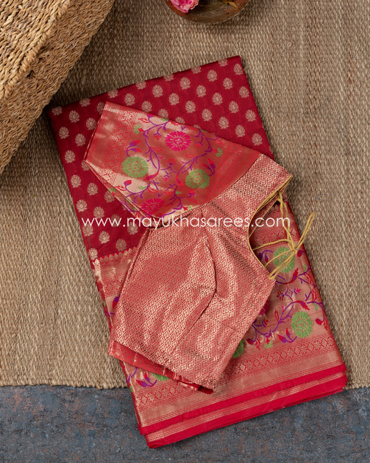 Maroon Bliss: Banarasi Kora Saree With Paithani Border And Blouse