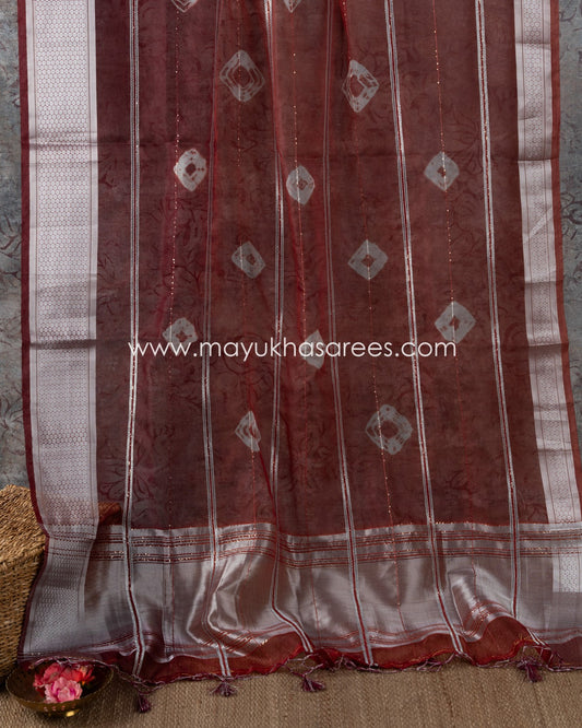 Maroon Sequin Weave Banarasi Kora Saree With Stitched Custom Blouse