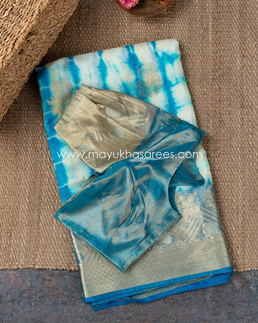 Blue Shibori Banarasi Kora Saree With Stitched Custom Blouse Size 38-44