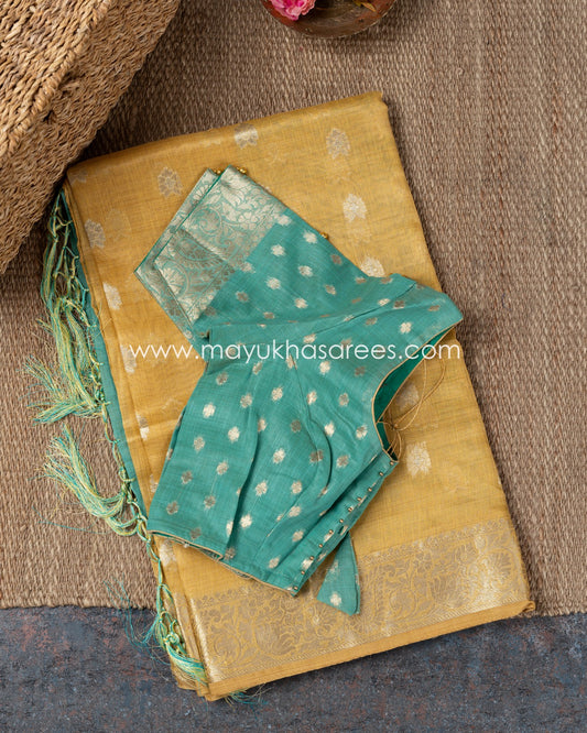 Golden Threads: Banarasi Linen Silk Yellow And Green Saree With Stitched Custom Blouse